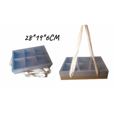 BOX CLEAR LID + RIBBON GOLD 28*19*6CM